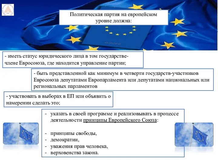 Политическая партия на европейском уровне должна: - иметь статус юридического лица