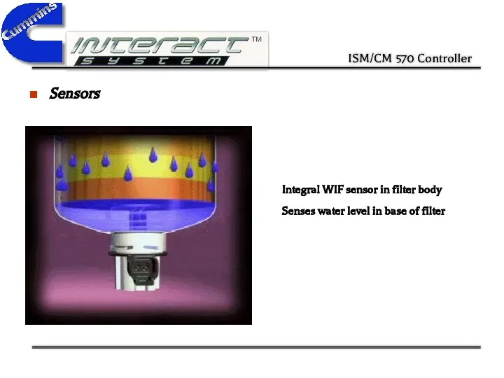 Sensors Integral WIF sensor in filter body Senses water level in base of filter