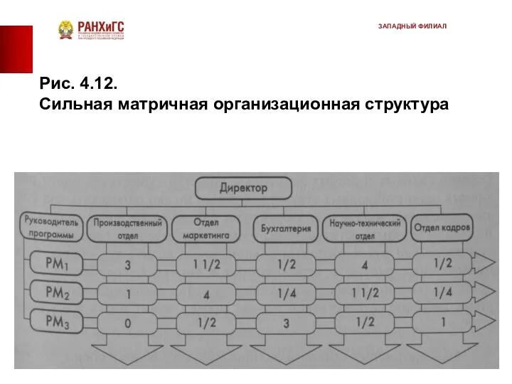 Рис. 4.12. Сильная матричная организационная структура ЗАПАДНЫЙ ФИЛИАЛ