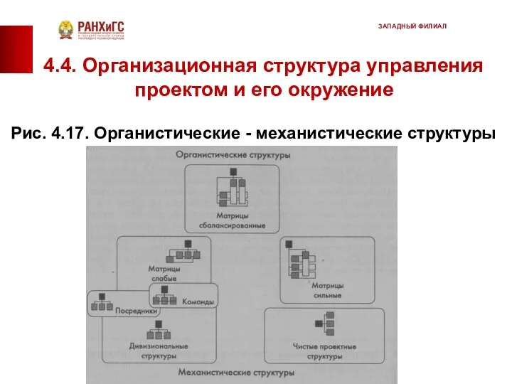 4.4. Организационная структура управления проектом и его окружение Рис. 4.17. Органистические - механистические структуры ЗАПАДНЫЙ ФИЛИАЛ