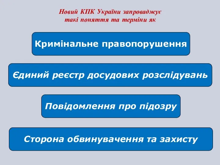 Новий КПК України запроваджує такі поняття та терміни як Кримінальне правопорушення