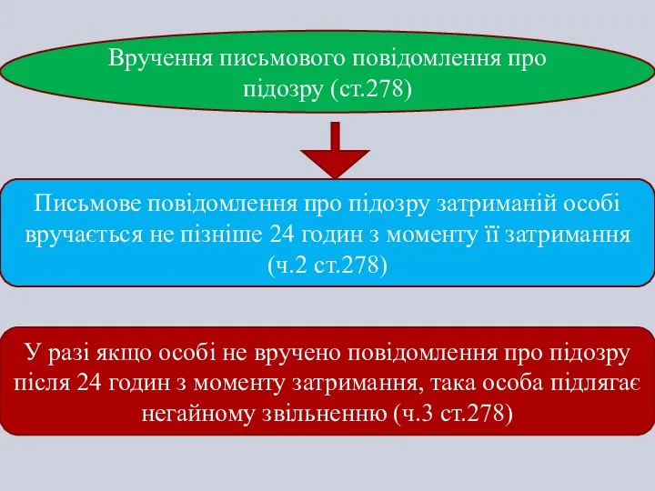 Письмове повідомлення про підозру затриманій особі вручається не пізніше 24 годин