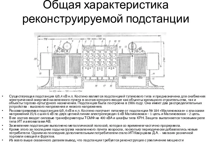 Общая характеристика реконструируемой подстанции Существующая подстанция 6/0,4 кВ н.п. Костино является