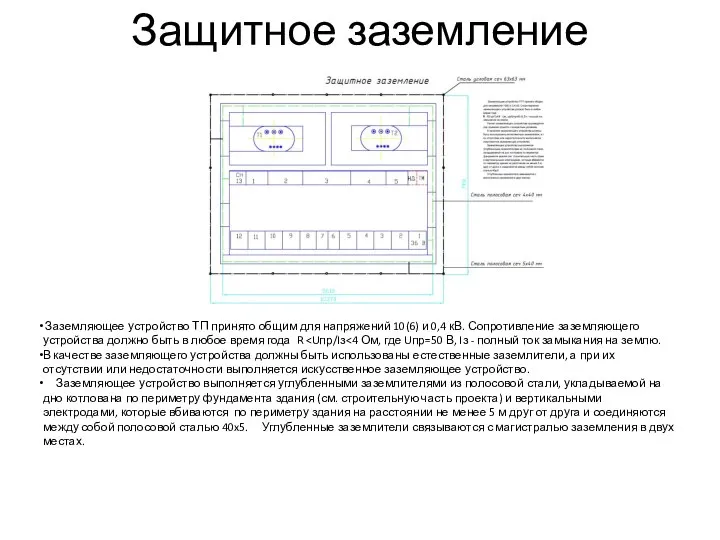 Защитное заземление Заземляющее устройство ТП принято общим для напряжений 10(6) и