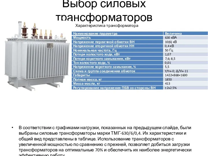 Выбор силовых трансформаторов В соответствии с графиками нагрузки, показанных на предыдущем