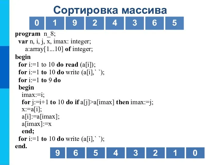Сортировка массива for i:=1 to 9 do begin imax:=i; for j:=i+1