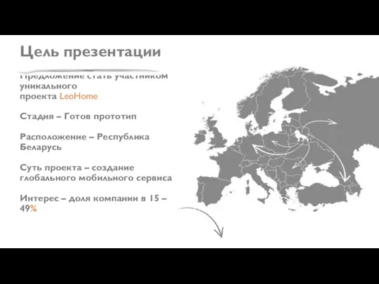 Цель презентации Предложение стать участником уникального проекта LeoHome Стадия – Готов