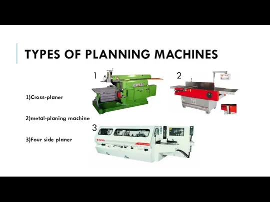 TYPES OF PLANNING MACHINES 1)Cross-planer 2)metal-planing machine 3)Four side planer 1 2 3