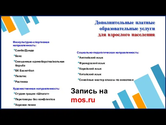 Дополнительные платные образовательные услуги для взрослого населения Физкультурно-спортивная направленность: Самбо/Дзюдо Бокс