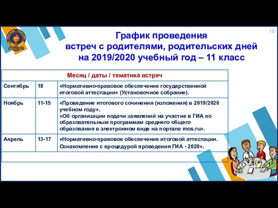 График проведения встреч с родителями, родительских дней на 2019/2020 учебный год – 11 класс