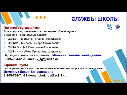 СЛУЖБЫ ШКОЛЫ Питание обучающихся Все вопросы, связанным с питанием обучающихся В