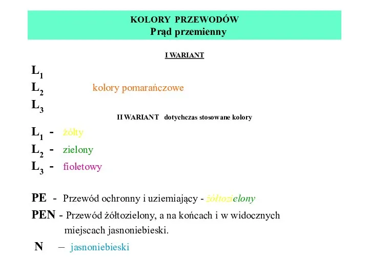 KOLORY PRZEWODÓW Prąd przemienny I WARIANT L1 L2 kolory pomarańczowe L3