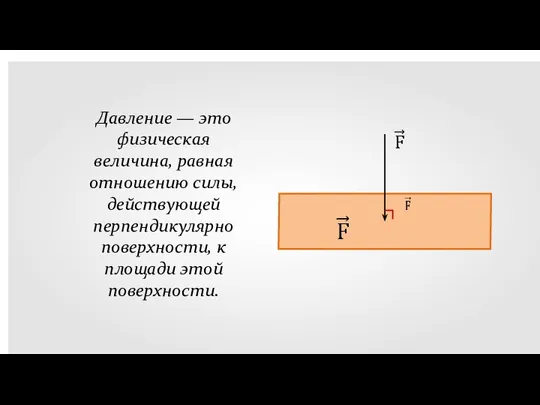 Давление — это физическая величина, равная отношению силы, действующей перпендикулярно поверхности, к площади этой поверхности.