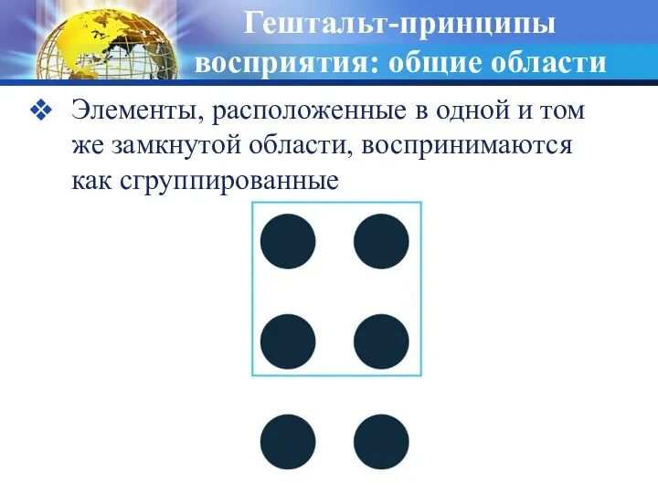 Гештальт-принципы восприятия: общие области Элементы, расположенные в одной и том же замкнутой области, воспринимаются как сгруппированные