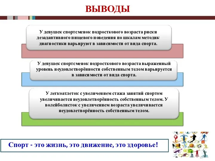 ВЫВОДЫ Спорт - это жизнь, это движение, это здоровье! У девушек