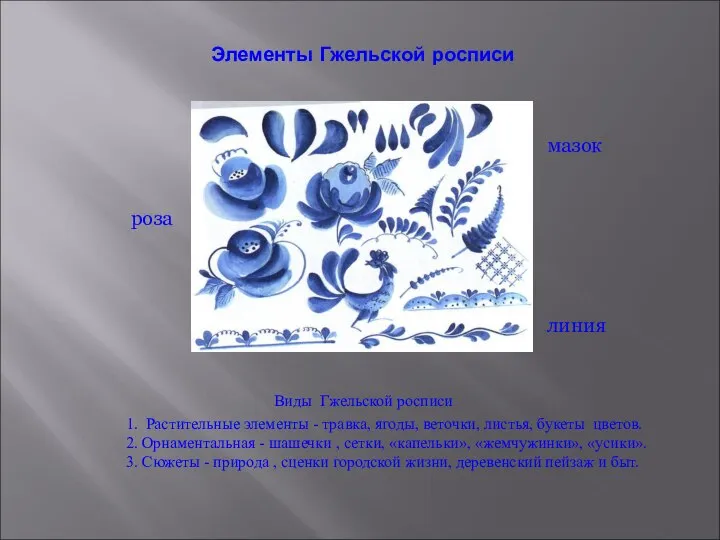 Элементы Гжельской росписи Виды Гжельской росписи 1. Растительные элементы - травка,