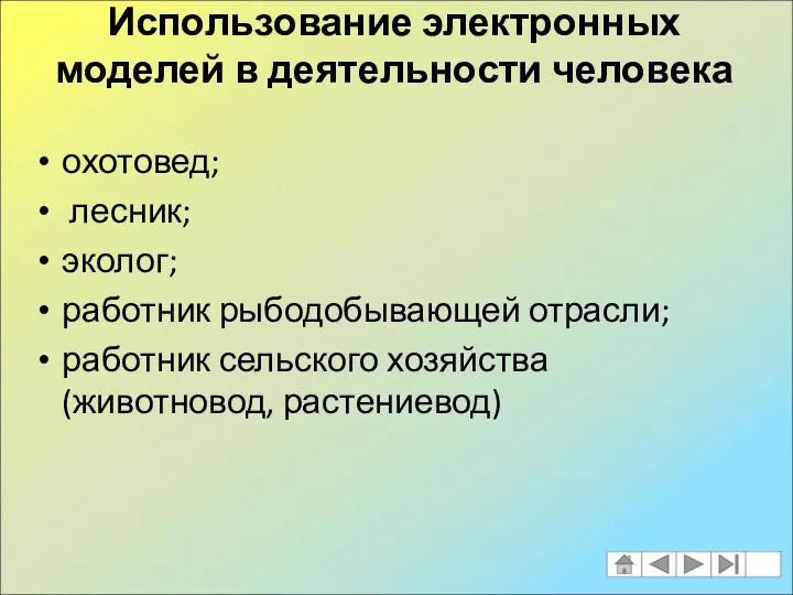 Использование электронных моделей в деятельности человека охотовед; лесник; эколог; работник рыбодобывающей