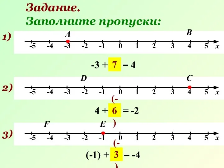 Задание. Заполните пропуски: 1) А -3 + … = 4 В