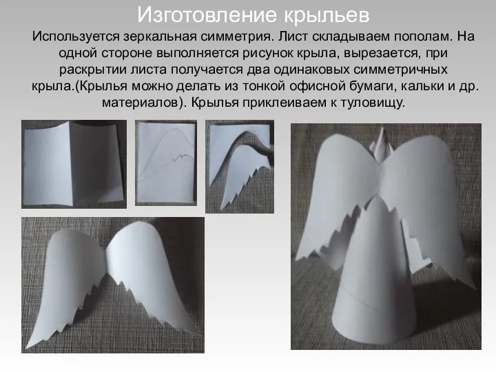 Изготовление крыльев Используется зеркальная симметрия. Лист складываем пополам. На одной стороне