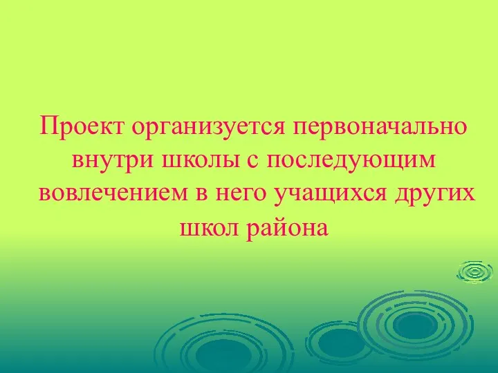 Проект организуется первоначально внутри школы с последующим вовлечением в него учащихся других школ района