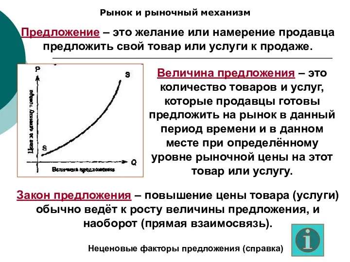 Рынок и рыночный механизм Предложение – это желание или намерение продавца