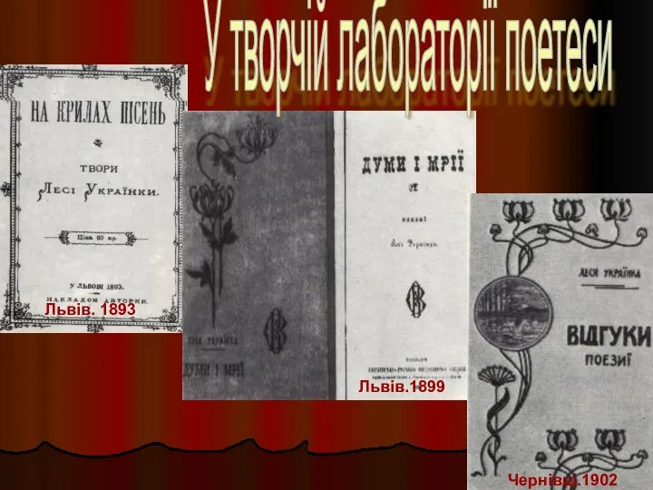 Чернівці.1902 Львів.1899 Львів. 1893 У творчiй лабораторії поетеси