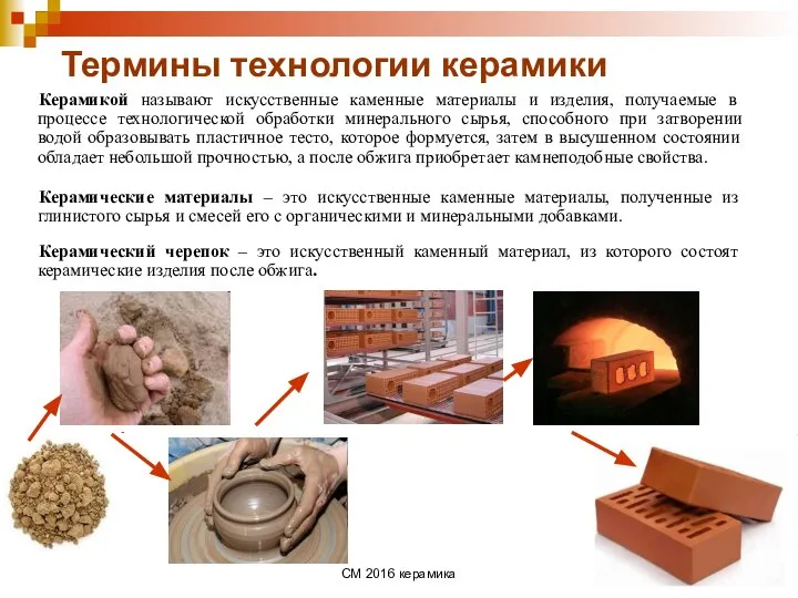 СМ 2016 керамика Термины технологии керамики Керамикой называют искусственные каменные материалы