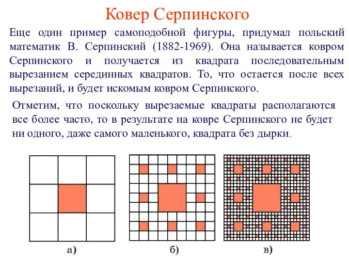 Ковер Серпинского Еще один пример самоподобной фигуры, придумал польский математик В.