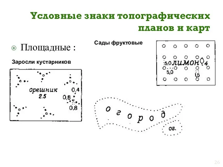 Условные знаки топографических планов и карт Площадные : Заросли кустарников Сады фруктовые