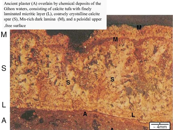 Ancient plaster (A) overlain by chemical deposits of the Gihon waters,