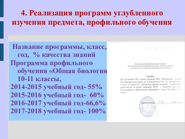 4. Реализация программ углубленного изучения предмета, профильного обучения Название программы, класс,