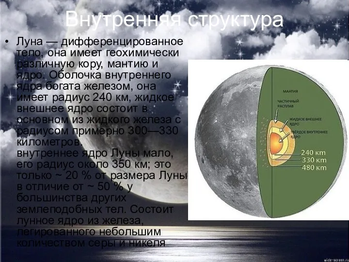 Внутренняя структура Луна — дифференцированное тело, она имеет геохимически различную кору,