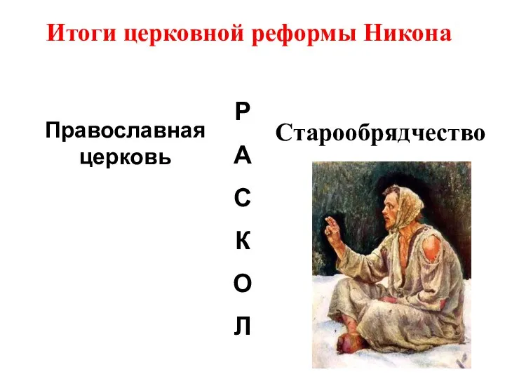 Итоги церковной реформы Никона Р А С К О Л Православная церковь Старообрядчество