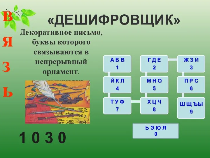 «ДЕШИФРОВЩИК» Ь Э Ю Я 0 Декоративное письмо, буквы которого связываются