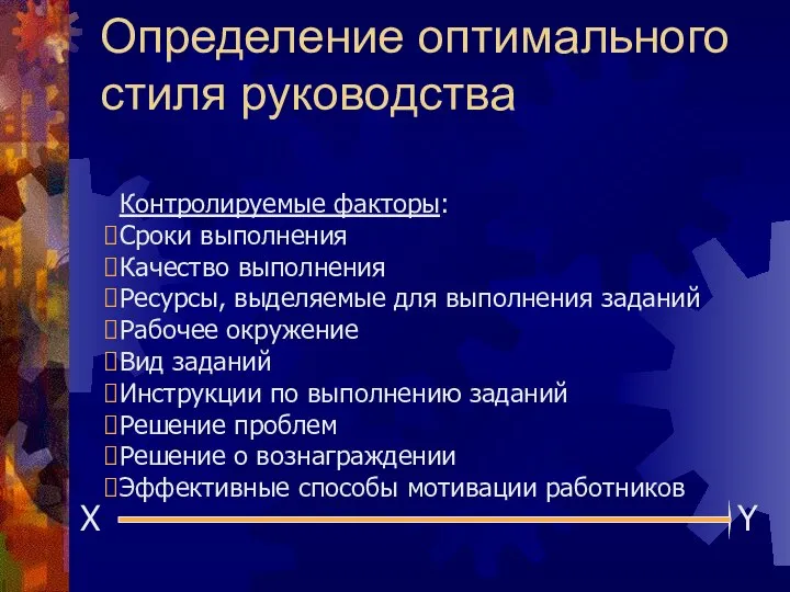 Определение оптимального стиля руководства X Y Контролируемые факторы: Сроки выполнения Качество