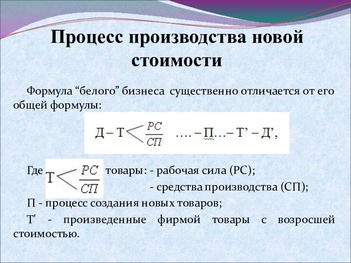 Процесс производства новой стоимости Формула “белого” бизнеса существенно отличается от его