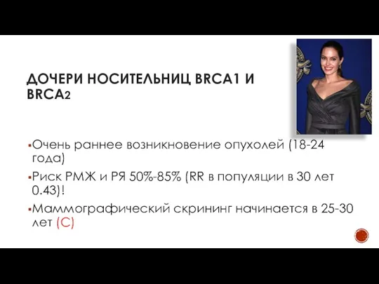 ДОЧЕРИ НОСИТЕЛЬНИЦ BRCA1 И BRCA2 Очень раннее возникновение опухолей (18-24 года)