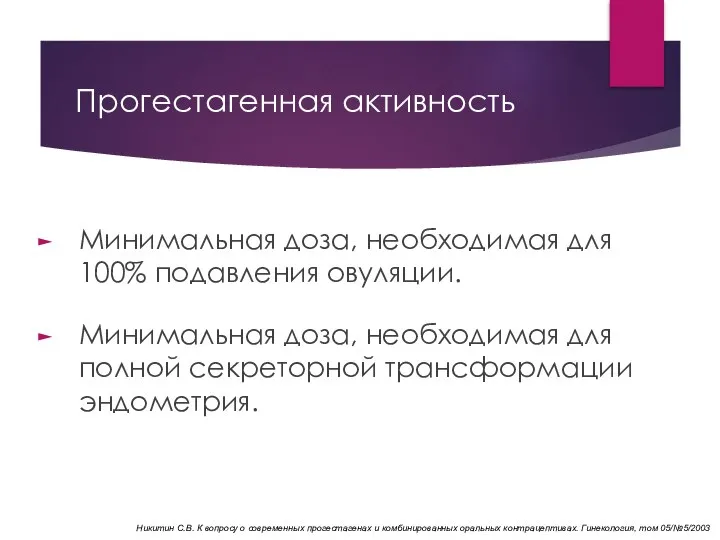 Прогестагенная активность Минимальная доза, необходимая для 100% подавления овуляции. Минимальная доза,