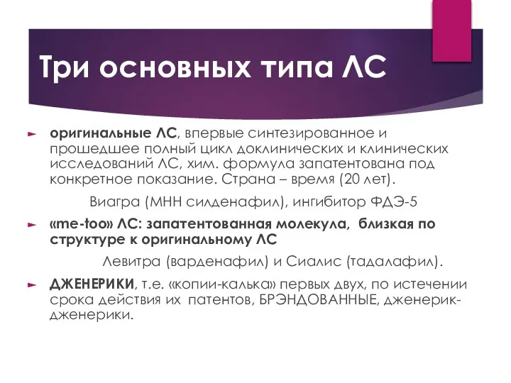 Три основных типа ЛС оригинальные ЛС, впервые синтезированное и прошедшее полный