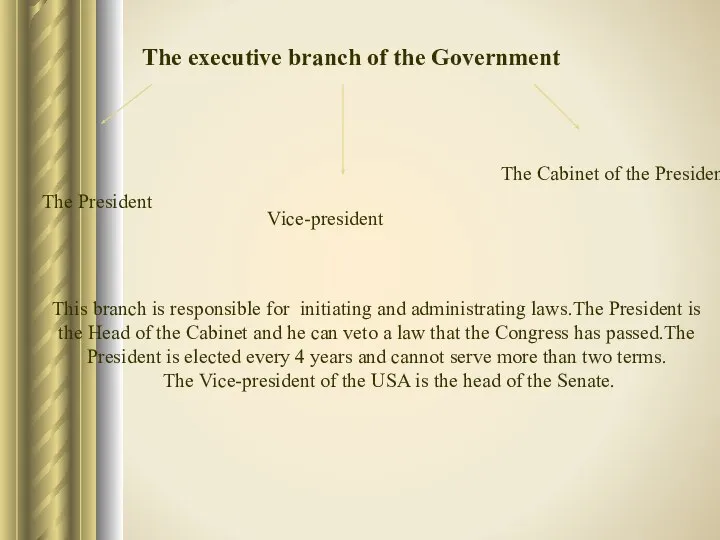The executive branch of the Government The President Vice-president The Cabinet