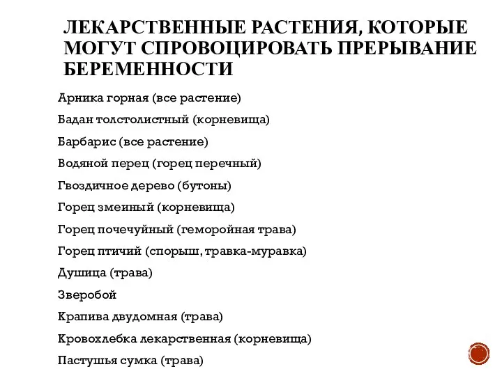 ЛЕКАРСТВЕННЫЕ РАСТЕНИЯ, КОТОРЫЕ МОГУТ СПРОВОЦИРОВАТЬ ПРЕРЫВАНИЕ БЕРЕМЕННОСТИ Арника горная (все растение)