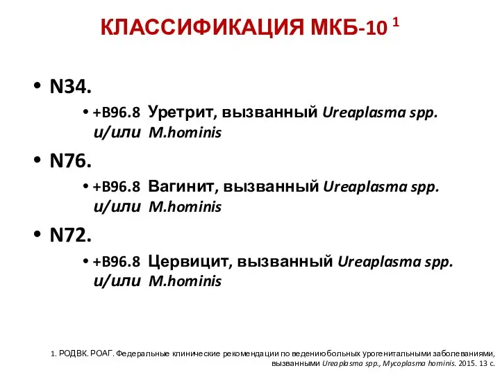 КЛАССИФИКАЦИЯ МКБ-10 1 N34. +B96.8 Уретрит, вызванный Ureaplasma spp. и/или M.hominis