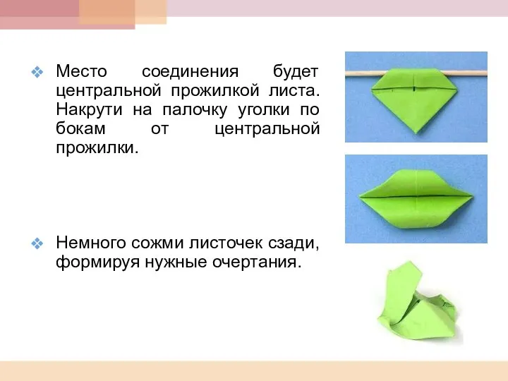 Место соединения будет центральной прожилкой листа. Накрути на палочку уголки по