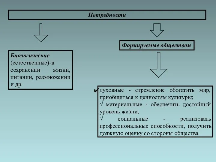 Биологические (естественные)-в сохранении жизни, питании, размножении и др. Формируемые обществом духовные