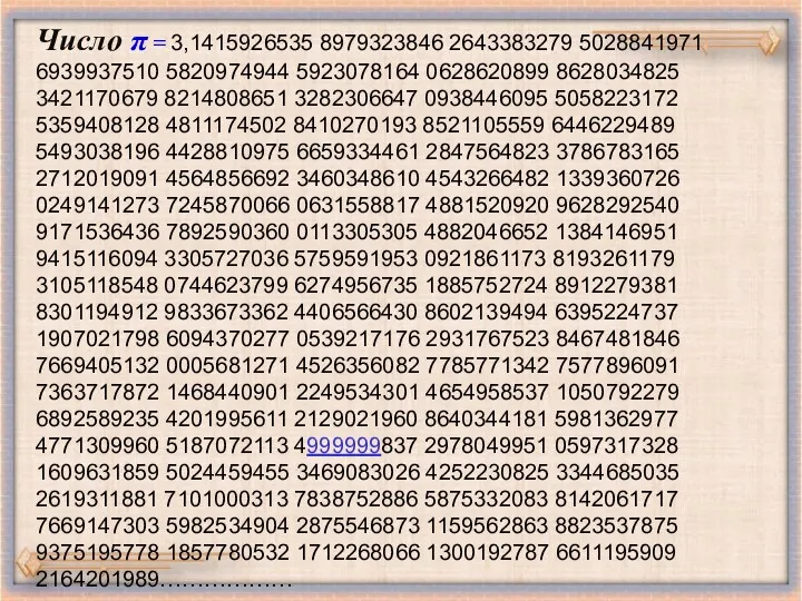 Число π = 3,1415926535 8979323846 2643383279 5028841971 6939937510 5820974944 5923078164 0628620899