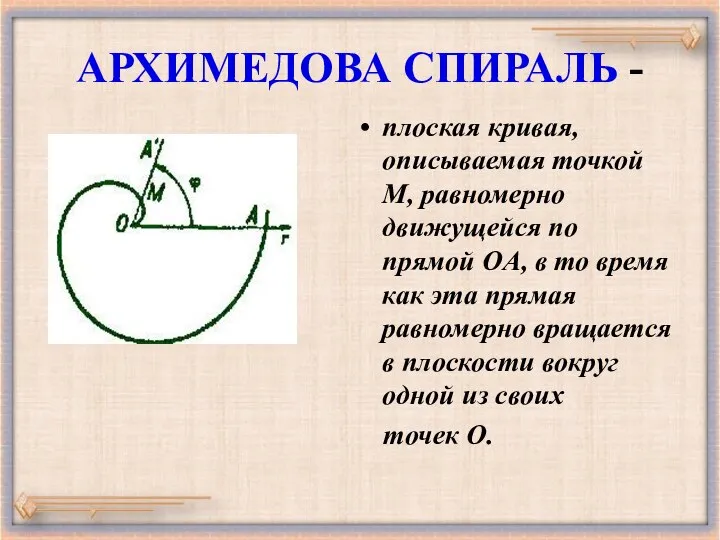 АРХИМЕДОВА СПИРАЛЬ - плоская кривая, описываемая точкой M, равномерно движущейся по