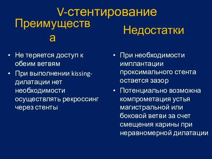 Преимущества Не теряется доступ к обеим ветвям При выполнении kissing-дилатации нет