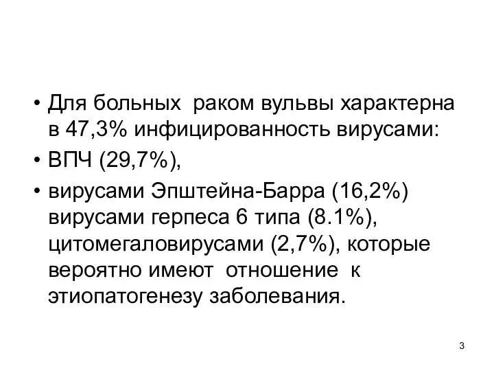 Для больных раком вульвы характерна в 47,3% инфицированность вирусами: ВПЧ (29,7%),