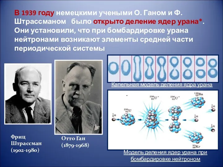 В 1939 году немецкими учеными О. Ганом и Ф. Штрассманом было