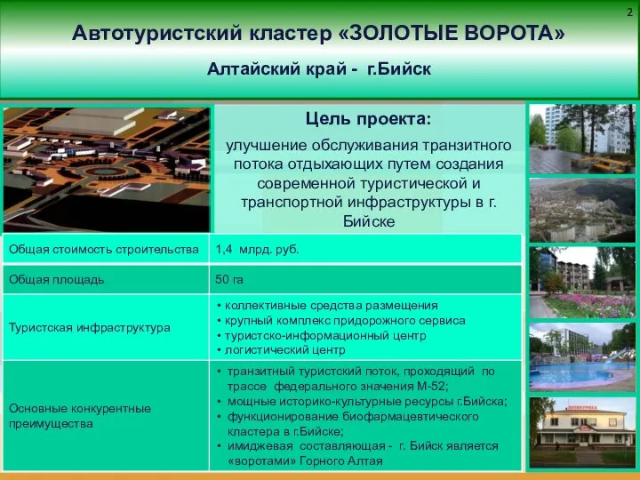 Автотуристский кластер «ЗОЛОТЫЕ ВОРОТА» Алтайский край - г.Бийск Цель проекта: улучшение